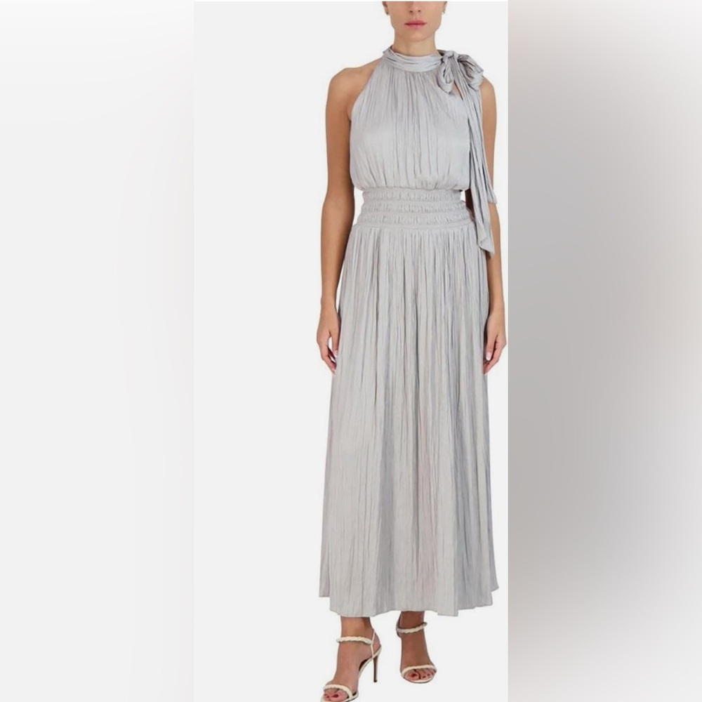 BCBGMaxAzria Silver-Grey Halter Maxi Dress with Bow Tie